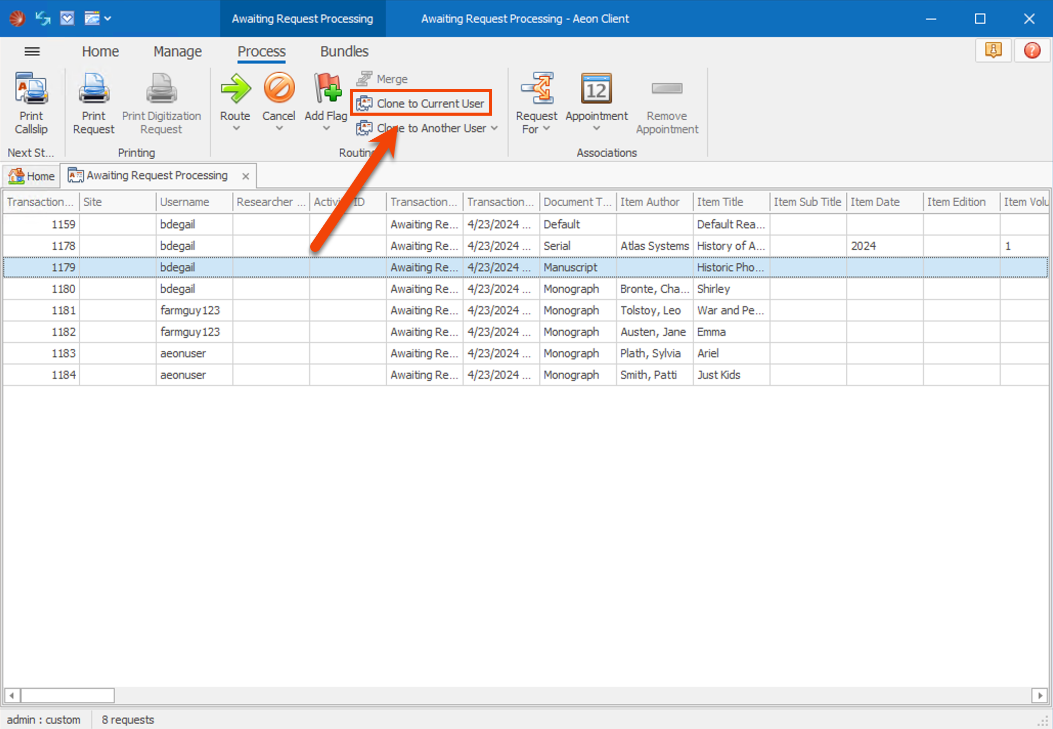 Clone to Current User from request list
